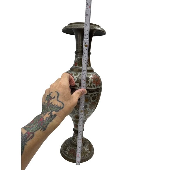 Handcrafted VTG India MeenaKari Floral Enamel Brass Vase 18.5" Tall SKU 9375 - Picture 5 of 13